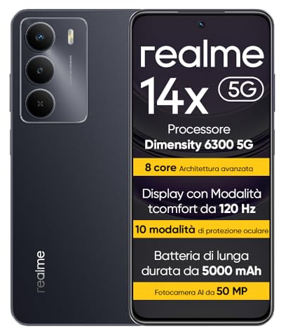 realme 14X 5G Smartphone 8+256 GB, Dimensity 6300 5G, Display da 120 Hz, Resistenza agli urti di grado militare, Fotocamera AI da 50 MP, Batteria di lunga durata da 5000 mAh, Nero