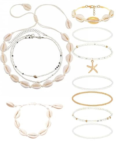 TPZORJX 11Pcs Muschel Halskette Damen Set mit Boho Schmuck - Böhmischer Stil Perlenarmband, Fußkette und Dekor