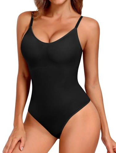 Tuopuda Shapewear Damen Bauchweg Bodysuit mit BH Body Sculpting V-Ausschnitt Formender Vielseitige Body Shper mit Verstellbarer Schultergurt(Schwarz,S)