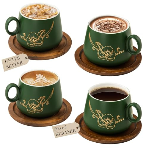 Yundu Juego de 4 tazas de capuchino de cerámica verde mate, juego de 4 tazas de capuchino de 300 ml con posavasos de madera y diseño de flores doradas, juego de tazas de café con platillo para latte