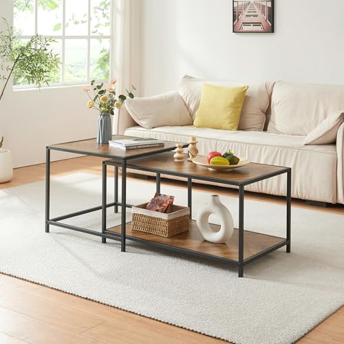 [en.casa] Couchtisch 2er Set Kurghore Wohnzimmertische Beistelltische eckig Satztisch Metallgestell Schwarz/Eichenoptik, dunkel