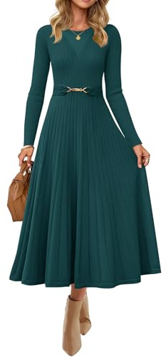 ZESICA Women's Long Sleeve Midi Sweater Dress 2026 Fall Crewneck Knit A Line Pleated Flowy Long Dresses with Belt,Teal,Medium