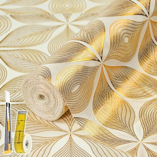 Drawer and Shelf Liner for Kitchen Cabinet,Non-Adhesive Waterproof Drawer Liner for Dresser & Bathroom Vanities with Adhesive Dots & Cutting Tool(12 in X 20 Ft Gold Leaf Pattern)