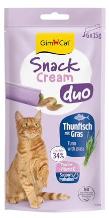 GimCat Snack Cream Duo Thunfisch & Gras - Köstliche Duo Snack Creme für Katzen in praktischen, einzeln verpackten Portionen - 6er Pack (6 x 15 g)