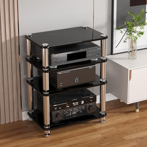 Diodceraic 1/2/3/4 Tier Audio Rack Tower, Glass & Stainless Steel AV Media Stand for Home Theater,HiFi System, Modern Audio Cabinet Stereo Rack for Living Room(Black,4 Tier)