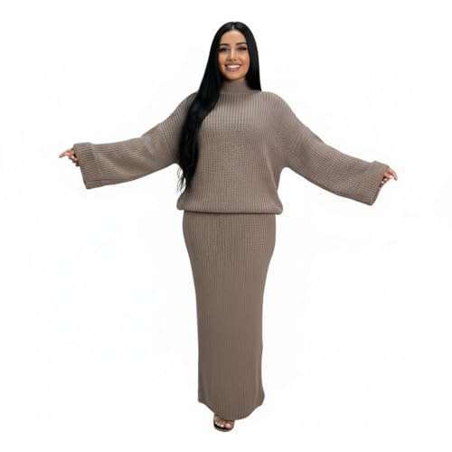 Ensemble 2 pièces en tricot pour femme - Pull à col haut avec manches larges et jupe longue assortie - Tenue d'intérieur en tricot doux pour l'hiver, moka, 40-42