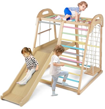 GYMAX 8 in 1 Kids Climbing Set, Indoor Playground Jungle Gym with Slide, Climbing Ladder/Net, Monkey Bars, Swing & Rope Ladder, Wooden Toddler Climber Playset for 3-5 Years Old (Colorful)