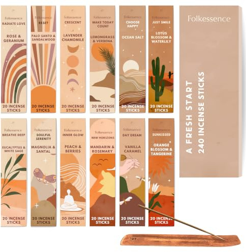 Folkulture Räucherstäbchen mit Halter | 12er-Set (240 Incense Sticks) Sandelholz-Räucherstäbchen, Zitronengras, Rosengeranie-Geschenkset | Bio-Düfte für Aromatherapie und Meditation