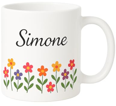 Personalisierte Tasse mit Namen und verschiedenen Motiven. Originelle Geschenk-Tasse für Familie und Freunde, ideal zu Weihnachten und für das ganze Jahr. Keramiktasse – 330 ml. (Bunte Blumen)