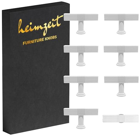 heimzeit Möbelknöpfe Stripe 8 Stück aus hochwertiger Zinklegierung in Weiß | Schrankknöpfe T-förmig für Türen, Schubladen und Kommoden, Stilvolles Design, mit Einlochgriff und Schrauben