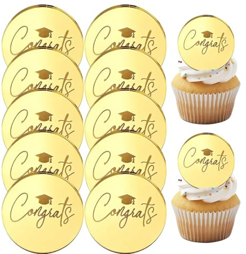 10Pcs Graduation Cupcake Toppers Decorations,Class of 2026 Congrats Cap Personalised Cupcake Toppers Elegant Engraved Acrylic Gold Cake Toppers for Graduation Desserts Cake Decorations Party Supplies