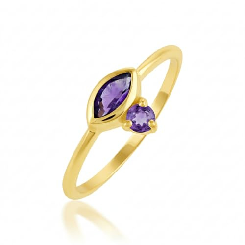 AZURFA Élégante bague solitaire marquise et améthyste ronde avec finition plaquée or jaune, pierres précieuses à facettes 2,5 x 5 mm et 2 mm, bijou unique pour toutes les occasions