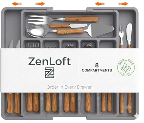 ZENLOFT Extendable Cutlery Drawer Organiser, Adjustable 8-Compartment Plastic Divider Tray, Secure Buckle Design for Kitchen Utensils, Cosmetics & Desk Tidy, Grey