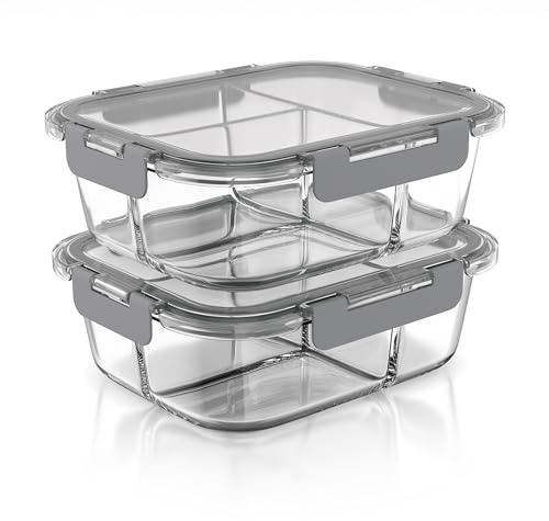Arendo - Lunchboxen Glas - 3 Fächer - Frischhaltedosen für Lebensmittel mit Deckel luftdicht - 2er Set - 1000 ml - für Mikrowelle Ofen Gefrierschrank - Spülmaschinen geeignet - Vorratsdosen Meal Prep