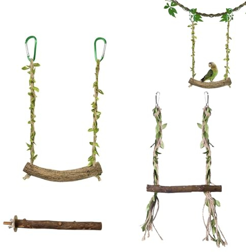 NUOM Lot de 3 Accessoires de Cage pour Oiseaux, avec 2 Balançoires de Tailles Différentes et 1 Perchoir, Jouets en Bois Naturel pour Perruche, Calopsitte, Inséparable et Petits Oiseaux Moyens