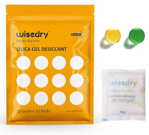wisedry 10 grammi [30 confezioni] di gel di silice essiccante riutilizzabile per l'umidità con indicatore di colore ricaricabile Piccoli pacchetti essiccanti di grado alimentare