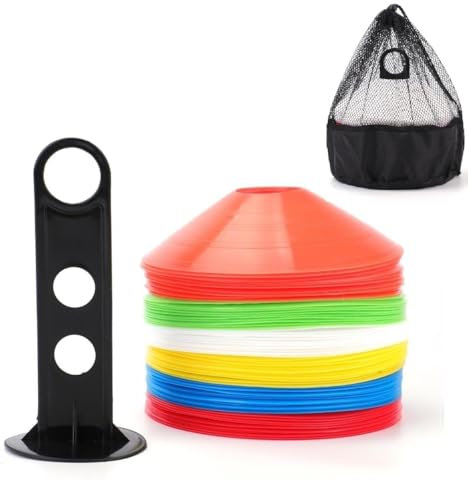 Tebery 60 Stück Markierungshütchen inklusive Halter und Tasche, Sport Fussball Hütchen Set, Markierungsteller für das Training im Fussball, Hockey, Handball