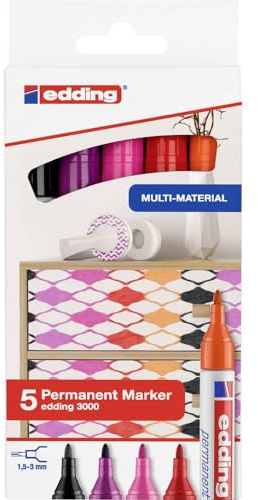 edding 3000 Permanentmarker - rot, orange, pink, lila, schwarz - 5er Set - Rund-Spitze 1,5-3 mm - schnell trocknend, wasserfest, wischfest - für Karton, Kunststoff, Holz, Metall - Universalmarker