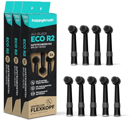 happybrush® Aufsteckbürsten für elektrische rotierende Zahnbürsten - Kompatibel mit R2, sowie Modellen anderer Hersteller - AllBlack - 3x3 Stück