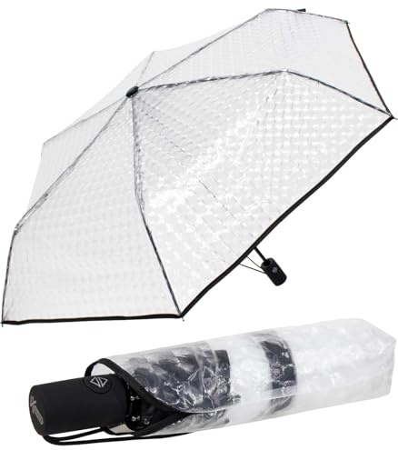 iX-brella Paraguas de bolsillo transparente con efecto lente y mango de color y cinta de ribete, Negro , 97 cm, Paraguas plegable automático