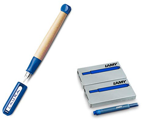 Lamy abc Füllhalter 009 Füller aus Ahornholz und Kunststoff in der Farbe Blau Stahlfeder, poliert - Federstärke A (Anfänger) (Feder LH, Füllhalter + Patronen, Blau)