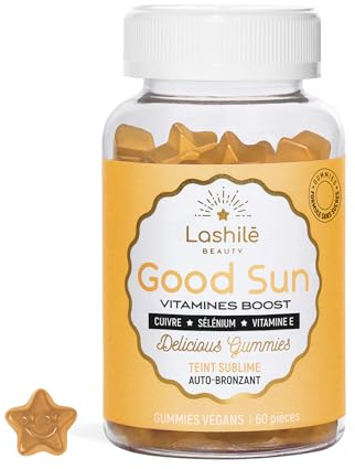 Lashilé Beauty - Complementos Alimenticios - Autobronceador, preparador y tono bronceado - Good Sun Vitamines - Eficacia probada - Fabricado en Francia - Vitaminas E y A, Betacaroteno - 60 Gummies