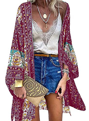 Yutdeng Cárdigans Kimono Mujer Bohemio Chal Suelto Kimono con Estampado Floral Pareos Playa Bohemia Tops Blusa Casual Boho Bikini Cover Up Caftan Playa Chal Verano Chic