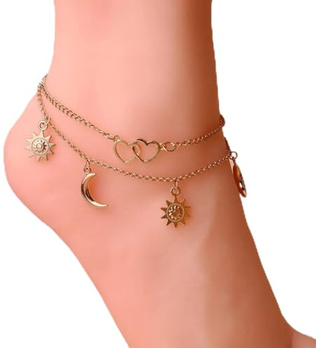 JUSTUSNX Tobillera ajustable en capas de plata/oro, sol, amor, luna, colgante en forma de tobillo, cadena de joyería para pies de playa y verano para mujeres y niñas (B)