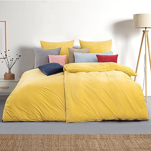 Soifox Juego de ropa de cama de franela de invierno de 135 x 200 cm, 4 piezas, color amarillo, mullida y cálida con tacto de cachemira, juego de 2 unidades + funda de almohada de 80 x 80 cm con