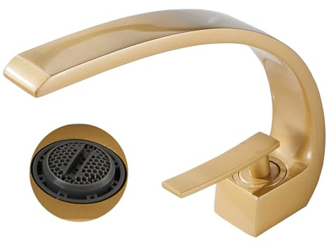 Badezimmer Waschbecken Wasserhahn 1 Loch Eitelkeit Wasserhahn Einhand Moderner Badezimmer Wasserhahn Gemischt Kalt und Heißwasser Eleganter Design Wasserhahn für Waschbecken (gebürstetes Gold)