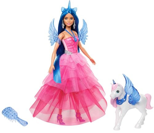 Barbie Ein verborgener Zauber - Puppe mit Einhorn, pinkfarbenes Kleid mit Saphirblauen Details, Einhorn-Stirnband, abnehmbare Saphirflügel und Einhorn-Schwanz, für Kinder ab 3 Jahren, HRR16