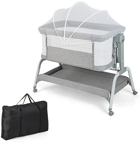 DREAMADE 3 in 1 Baby Beistellbett, 90 × 55cm Reisebett mit Matratze, Moskitonetz & 4 Rädern, 6-stufig-höhenverstellbar Stubenwagen mit Neigung, Babywiege für Säuglinge 0-6 Monate (Grau)
