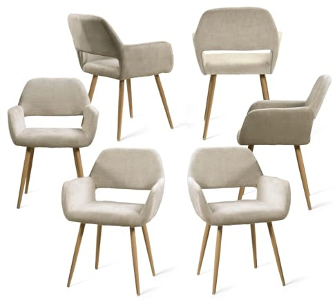 MEUBLE Cosy Esszimmerstühle 6er Set Küchenstuhl Polsterstuhl mit Armlehne Sessel aus Stoff Wohnzimmerstuhl Metallbeine