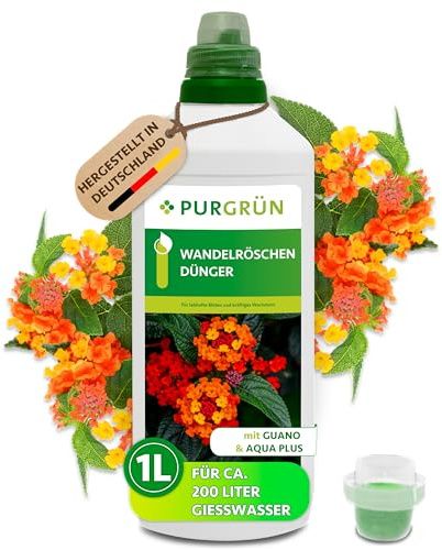 Purgrün® Wandelröschen-Dünger 1 Liter – Organisch-mineralische Rezeptur – Premium-Flüssigdünger mit Spurennährstoffen – NPK 8+8+6 – Mit Guano & Aqua Plus – Für leuchtende Blüten