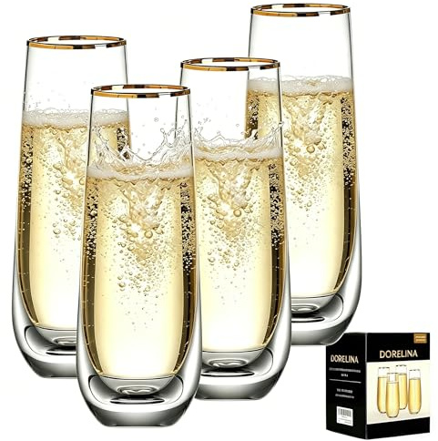 DORELINA Stemless Champagne Flutes Set of 4, Gold Rim Champagne Glasses, Best Gift