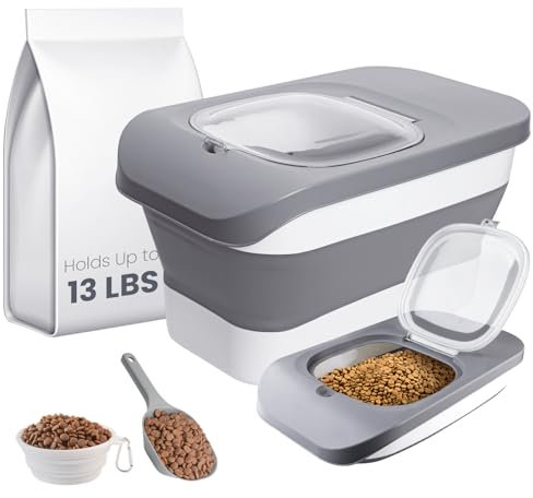 13 Lbs Dog Food Container, Collapsible Dog Food Storage Container with Airtight Lid, Cat Food Storage container Dry Food for Pets, Rice, Cereal, Silicone Pet Bowl and Dog Food Scoop (Dark-Grey-13lbs)