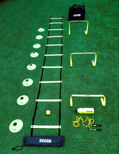 ZEEGO Agility Training Equipment with Ladder, 8 Disc Cones, 3 Hurdles for Speed Training, 1 Skipping Rope and Carry Bag, Speed Training Equipment for Soccer Football Basketball | Fluro Yellow