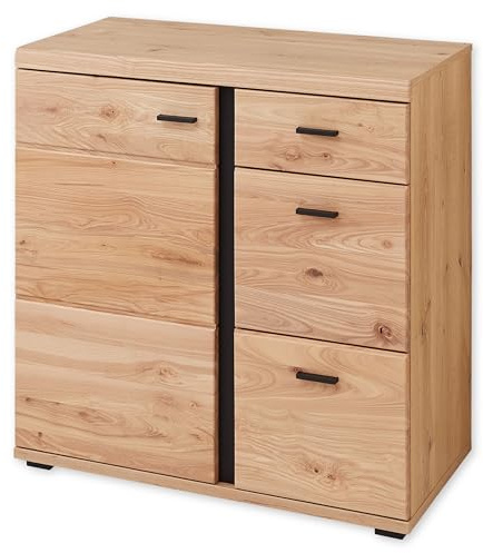 SONOS Kommode in Altesche massiv und Old Artisan Oak Optik | 85 x 86 x 42 cm (B/H/T), 3 geräumige Schubkästen, 1 Holztür mit Softclose-Mechanismus, FSC-zertifiziert, schwarze Akzente