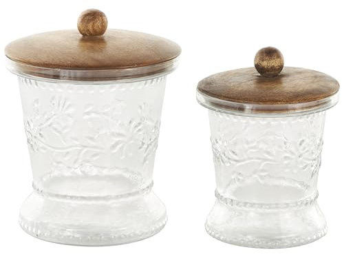 Deco 79 Dekorative Glasdosen mit Blumenmuster, dekorativer Behälter mit braunen Holzdeckeln und runden Knöpfen, Set mit 2 Gläsern mit Deckel, 17,8 cm, 15,2 cm hoch, transparent