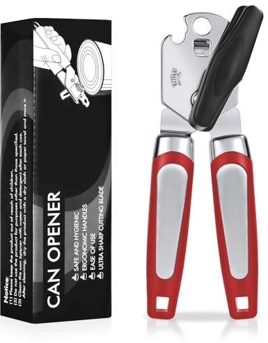 Tin Opener, Lychico 3-in-1Can Opener Handheld Heavy Duty Stainless Steel Can Openers with Multifunctional Bottle Opener, Red