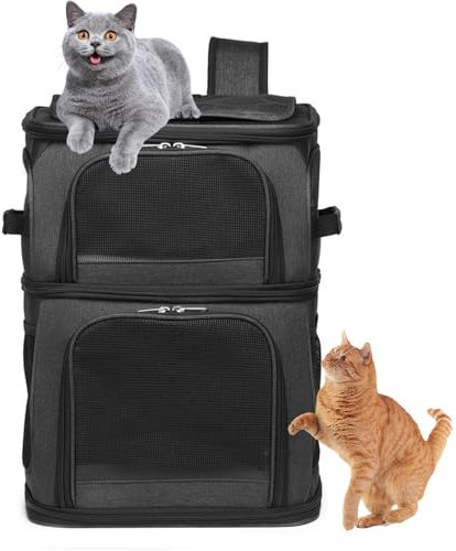 PJDDP Katzenrucksack Für 2 Katzen,Katzentransportbox Für 2 Katzen,Haustier Rucksack Für 2 Katzen/Kleine Hunde/Kaninchen, Katzentransporter Mit Abnehmbarer Matte Und Atmungsaktivem Mesh,Schwarz