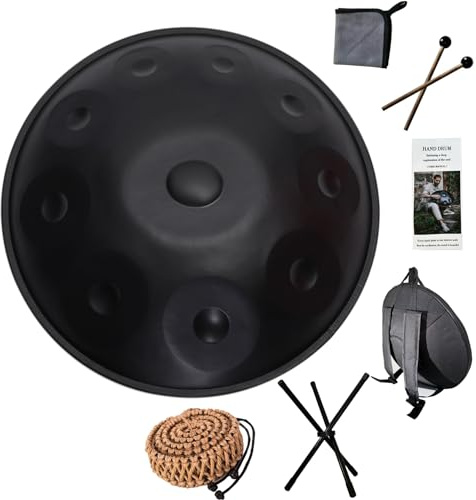 Handpan Drum, Steel Drum in D-Moll 9/10/12 Note 22 Zoll 440 HZ, Hand Drum Percussion mit Soft Hand Pan Bag, 2 Sticks und Support (Black, 10 Notes)