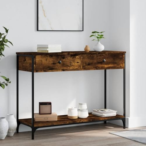 FENLAX Konsolentisch mit Schublade 100x34,5x75 cm Flurtisch mit Ablagen Beistelltisch mit Schublade Couchtisch Holzwerkstoff&Metall Räuchereiche