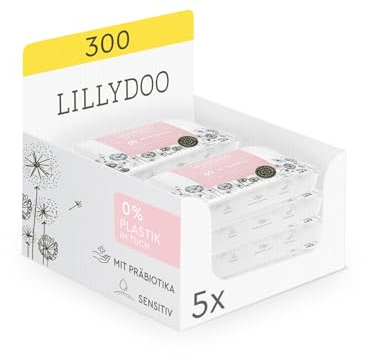 Toallitas con prebióticos LILLYDOO, 300 unidades (5 x 60), tejido 100% libre de plástico, sin perfumes