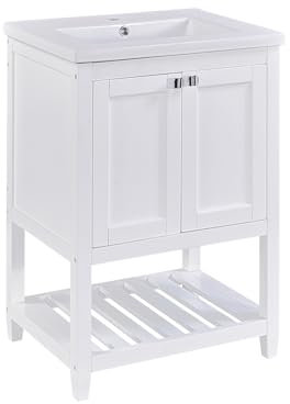 Billg Mobile Bagno con Lavabo in Ceramica, Moderno Mobiletto Lavatoio 60cm con Armadietto e Scaffali, Set di Mobile Lavabo Bagno Salvaspazio, Legno Massello+MDF