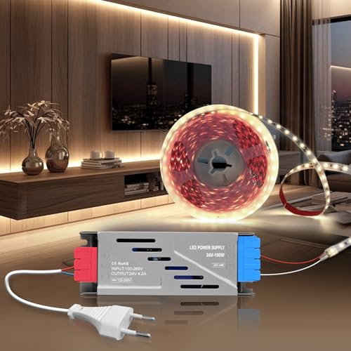 BRIMETI Tira LED 24V 5M Autoadhesivo Luz Blanca Natural 4000K Tira LED Cocina 120LED/M Flexible Ancho 8mm para Dormitorio Fiestas Gabinete, Con 24V Transformador 100W y Cable de Alimentación