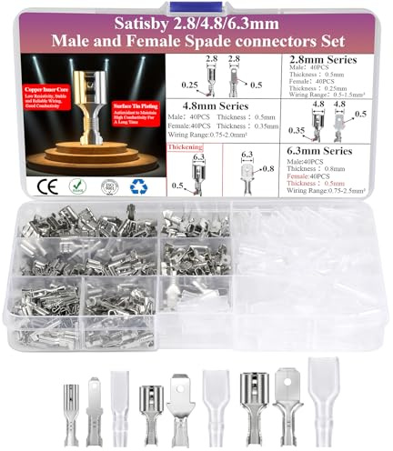 360 pezzi 2,8/4,8/6,3 mm connettori piatti per cavi con Guaine Isolanti, ispessite Capicorda Maschio e Femmina 6,3 mm, stagnatura in ottone