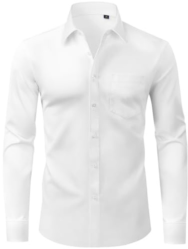 siliteelon Mens Shirts White Shirt Long Sleeve Regular Fit Shirts for Adult Stretch Dress Business Casual Wedding Work Formal with Pocket Shirt 2XL