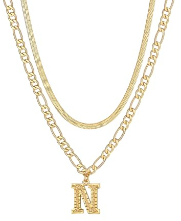 FOCALOOK Collar con Letra Inicial N Choker Mujer Oro 18K Acero Inoxidable 316L Cadena Plana Serpiente Apilable 2 Capas Joyerías Modernas Aniversario Parejas