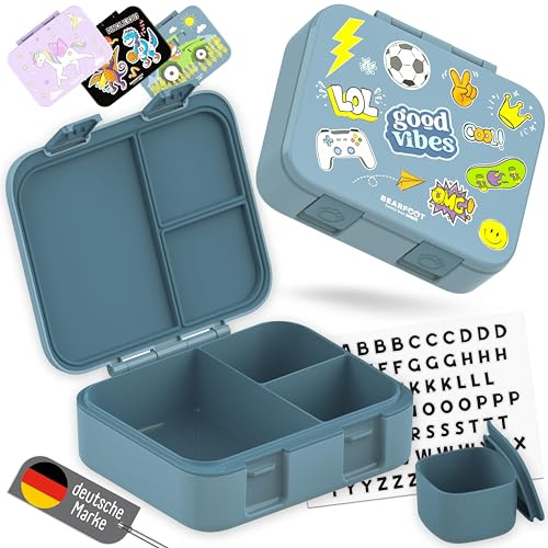 BEARFOOT Bento Box COMPACT | Matlåda för barn, BPA-fri för skola och förskola, vattentät lunchlåda för flickor och pojkar, praktisk, lätt och kompakt (blå klistermärken, 1 000 ml)